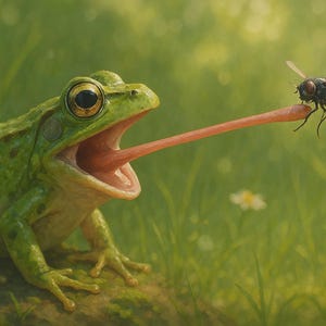 Lustiger Frosch mit Fliege, süße Tierillustration, witziges Froschmotiv, Natur Tierkunst, lustiges Tierbild, Cartoon Frosch Aufkleber