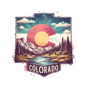 Puede incluir: Un emblema de estilo vintage del estado de Colorado, que muestra un paisaje con montañas, un río y pinos. El diseño incorpora los colores de la bandera estatal, con un sol rojo y amarillo y la palabra "COLORADO" en la parte inferior.