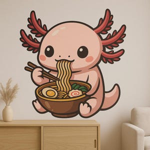 Adhesivo de pared de un lindo ajolote comiendo ramen: divertido motivo animal para decorar la cocina, la habitación de los niños o la autocaravana para los amantes de los anfibios kawaii y del ramen.