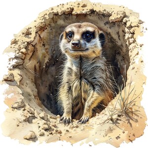 May include: Watercolor illustration of a meerkat emerging from its burrow. The meerkat has brown and tan fur, with dark eyes and a curious expression. The burrow is made of sand and earth, with a few blades of grass visible.