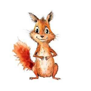 May include: Watercolor illustration of a friendly squirrel. The squirrel has a fluffy, reddish-brown body, a large, bushy tail, and a smiling face. The artwork is set against a white background.
