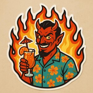 Pegatina de diablo con camisa hawaiana y copa de cóctel. Divertida pegatina de demonio cómico para amigos de verano, fanáticos de la sátira y fanáticos de la pasión.
