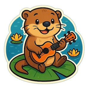 May include: A cartoon otter playing a ukulele on a lily pad. The otter is brown with a tan belly and a black nose. The ukulele is orange and brown. The background is a blue pond with yellow lily pads.
