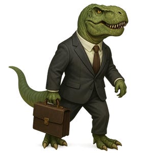 May include: A green Tyrannosaurus Rex illustration wearing a dark gray suit, white shirt, and brown tie. The dinosaur is holding a brown briefcase and walking forward. The background is white.