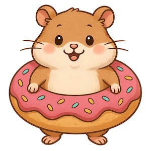 Pode incluir: Ilustração de desenho animado de um hamster fofo usando uma boia de rosquinha rosa. O hamster tem pelo marrom, bochechas rosadas e olhos grandes e pretos. A rosquinha é rosa com granulado colorido.