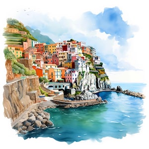 Car sticker Cinque Terre Italy – Watercolor sticker with colorful houses by the sea – Italy sticker for car, laptop & decoration