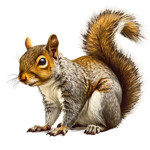 Könnte beinhalten: Eine digitale Illustration eines Eichhörnchens in sitzender Position. Das Eichhörnchen hat einen flauschigen Schwanz und Fell in Braun-, Grau- und Weißtönen. Die Augen des Eichhörnchens sind schwarz und die Ohren klein und spitz. Der Hintergrund ist weiß.