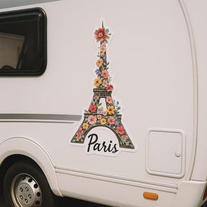 花のエッフェル塔ステッカー。花の要素が入ったロマンチックなパリステッカー。ノートパソコン、車、キャンピングカー、旅行、フランスへのギフトに。
