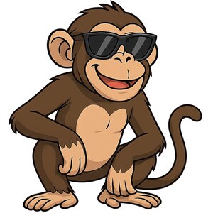 May include: A cartoon illustration of a brown monkey wearing black sunglasses, smiling, and squatting. The monkey has a light brown face and chest, with a curved tail. The image is on a white background.