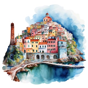 Car sticker Cinque Terre Italy – Watercolor sticker with colorful houses by the sea – Italy sticker for car, laptop & decoration