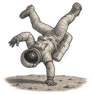 Puede incluir: Ilustración en blanco y negro de un astronauta con un traje espacial blanco haciendo el pino en una superficie lunar. El casco del astronauta es visible, con una banda roja en el brazo.