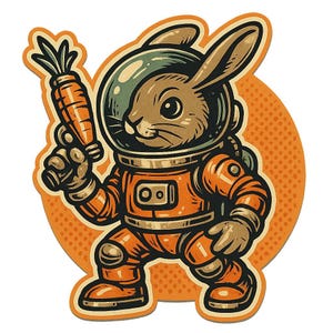 Conejito astronauta con pistola espacial de zanahoria – Pegatina divertida de dibujos animados – Resistente a la intemperie – Regalo para amantes del espacio, los animales y el humor