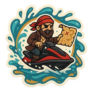 Pirat Sticker auf Jetski mit Schatzkarte Lustiger Comic Aufkleber für Meerfans Schatzsucher und Freibeuterinnen mit Stil
