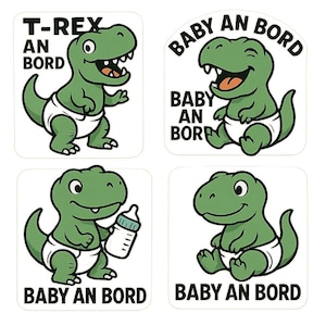 Zestaw naklejek T-Rex na pokładzie – zabawna naklejka „Baby on Board” z dinozaurem w pieluszce – naklejka na samochód z humorem – odporna na warunki atmosferyczne i przyciągająca wzrok