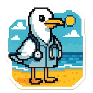 Gaviota con estetoscopio como médico de playa – Pegatina divertida de dibujos animados – Resistente a la intemperie – Regalo para amantes de la costa, los animales y el humor