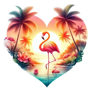 Könnte beinhalten: Eine lebendige Illustration eines Flamingos in einer herzförmigen tropischen Szene. Das Kunstwerk zeigt einen rosa Flamingo im Wasser, Palmen und einen Sonnenuntergang. Die Farbpalette umfasst Rosa-, Orange- und Blautöne.