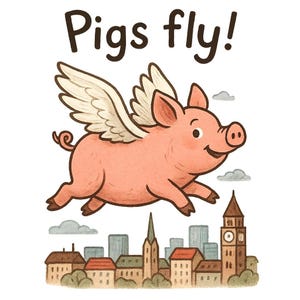 Puede incluir: Ilustración de un cerdo rosa con alas volando sobre una ciudad. El texto "Pigs fly!" está encima del cerdo. Los edificios son en tonos marrones, grises y naranjas.