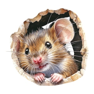 May include: A watercolour illustration of a brown and tan mouse peering out of a hole. The mouse has large black eyes, a pink nose, and long whiskers. The hole is in a torn, textured surface, with a dark interior.