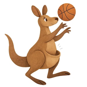 Op de afbeelding: Een cartoon illustratie van een bruine kangoeroe die basketbal speelt. De kangoeroe wordt afgebeeld met een basketbal in de lucht, met uitgestrekte armen. De kangoeroe heeft een buidel en glimlacht. De achtergrond is wit.