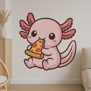 Bonita pegatina de pared de ajolote comiendo pizza: divertido motivo de anfibios para la cocina, la habitación de los niños o la decoración de la autocaravana para los amantes de la pizza y los fans del kawaii.