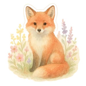 Adesivo volpe acquerello – disegno prato fiorito – adesivo per laptop, bullet journal, motivo natura, adesivo animale carino
