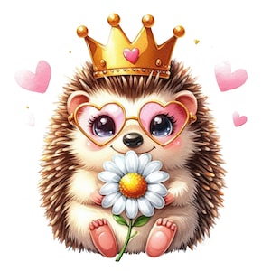 Niedlicher Igel Sticker mit Herzbrille und Krone, süßer Igel mit Blume und Herzen, Tieraufkleber