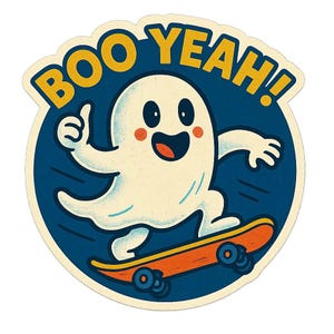 スケートボードに乗った幽霊 – 「Boo Yeah!」と言っている– 面白い漫画ステッカー – 耐候性 – スケート、ゴースト、ユーモアファンへのギフト