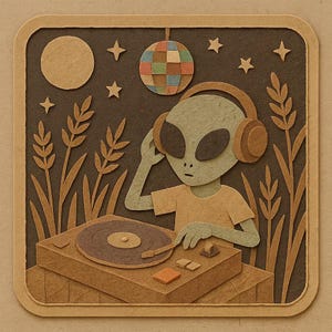 コーンフィールドディスコでレコードプレーヤーを持つエイリアンDJ - 面白い漫画ステッカー - 耐候性 - SF、パーティー、ユーモアファンへのギフト