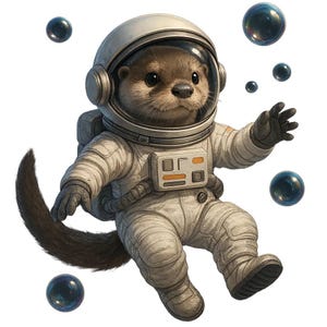 May include: An illustration of an otter wearing a white astronaut suit and helmet, floating in space. The otter is surrounded by dark blue bubbles. The astronaut suit has a rectangular panel on the chest.
