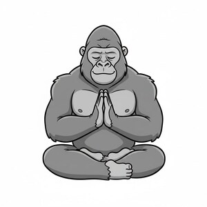 以下が含まれることがあります： 座ったヨガのポーズで手を合わせて祈るゴリラのグレースケールイラスト。ゴリラはグレーで、胸と顔は明るいグレーで、白い背景に設定されています。