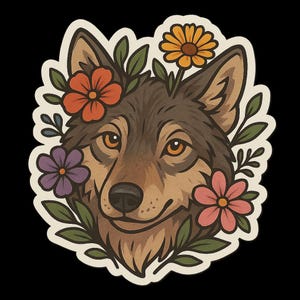 Niedlicher Wolf Sticker mit Blumenkranz – süßer Tieraufkleber Naturmotiv Wolf mit Blumen, niedliches Waldtier Laptop Aufkleber Geschenkidee