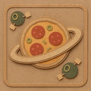 オリーブの衛星付きピザプラネット - 面白い漫画ステッカー - 耐候性 - グルメ、宇宙、ユーモアファンへのギフト
