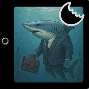 Autocollant de requin en costume avec une mallette. Autocollant de bande dessinée d'entreprise amusant pour l'humour au bureau, la voiture, l'ordinateur portable ou comme cadeau pour les collègues.