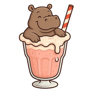 May include: A cartoon image of a brown hippo in a pink milkshake. The milkshake is in a clear glass with a red and white striped straw. The milkshake has a white, foamy top.