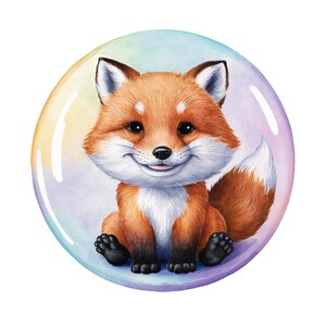 May include: A watercolor illustration of a cute fox cub with orange fur, white chest, and black paws, sitting inside a colorful bubble. The fox has a happy expression with a slight smile and is set against a soft, pastel background.