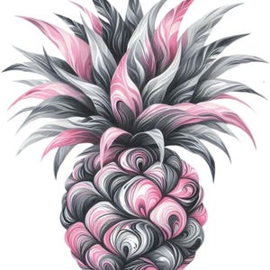 Könnte beinhalten: Detaillierte Illustration einer Ananas. Die Frucht ist in einem wirbelnden Muster aus Rosa, Weiß und Schwarz dargestellt. Die stachelige Krone weist graue, rosa und schwarze Blätter auf, die einen auffälligen Kontrast zum weißen Hintergrund bilden.