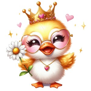 Bonita pegatina de pato con gafas de corazón y corona, dulce pegatina de pato con flor y purpurina.