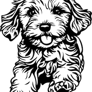 Op de afbeelding: Zwart-wit illustratie van een speelse hond, waarschijnlijk een Cavapoo of een vergelijkbaar ras. De hond heeft een vrolijke uitdrukking, de tong steekt uit en de vacht is pluizig. Geschikt voor stickers of decals.