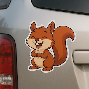 Pegatina de ardilla divertida: adorable animal de dibujos animados con una gran sonrisa. Ideal para coche, portátil o scrapbooking. Motivo forestal. Ideal para niños.