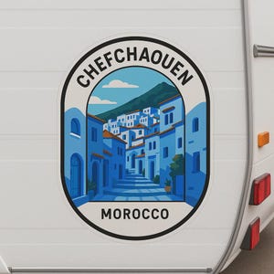 Adesivo per auto Chefchaouen – Destinazione di viaggio della città blu del Marocco – Adesivo Oriental Vanlife per auto e camper