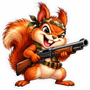 Op de afbeelding: Een gestanste sticker met een cartoon-eekhoorn met oranje vacht, die een camouflage-bandana en een tactisch vest met munitiehulzen draagt. De eekhoorn houdt een pomphagelgeweer vast met een houten kolf en een zwarte metalen loop.
