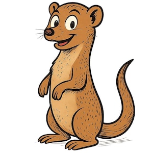 May include: A cartoon illustration of a brown meerkat standing upright with a smiling expression. The meerkat has large eyes, a pink mouth, and a long, curved tail. The artwork is in a simple, clean style, suitable for children's books or educational materials.