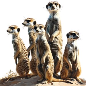 May include: A group of five meerkats standing upright on a sandy surface. The meerkats have tan fur with darker markings around their eyes and on their tails. They are depicted in a realistic style against a white background.