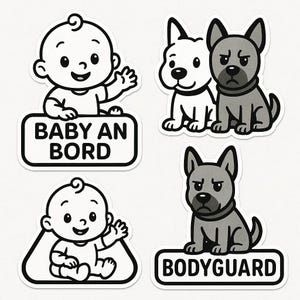 Sticker Set Baby an Bord Sticker mit Hund – Süßer Autoaufkleber mit Baby und Bodyguard – Cartoon Design, wetterfest