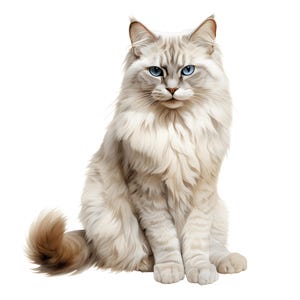 Könnte beinhalten: Digitale Illustration einer flauschigen Katze mit hellgrauem und weißem Fell. Die Katze hat auffällige blaue Augen und sitzt aufrecht mit eingerolltem Schwanz. Das Fell ist lang und fließend und verleiht der Katze ein weiches Aussehen.