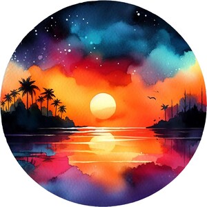 5 adesivi astratti ad acquerello con paesaggio crepuscolare e isola, impermeabili per auto e laptop, decorazione artistica.