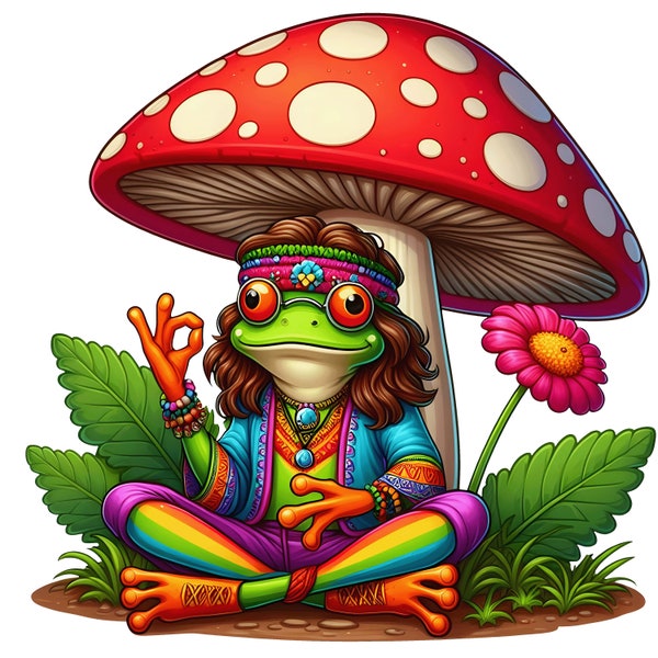Hippie groda klistermärke bilklistermärke rolig väggdekal groda med svamp färgglad retrostil presentidé djurklistermärke