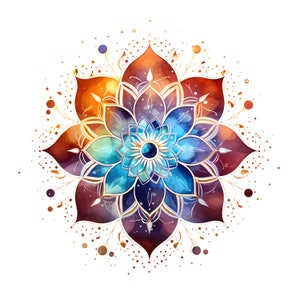 Op de afbeelding: Een kleurrijk aquarel mandala met een blauw, paars, groen en oranje bloemendesign. De mandala is omgeven door een witte achtergrond met bruine en gouden stippen.