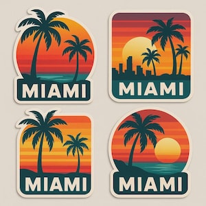 Set di adesivi con il tramonto di Miami, adesivo Palm Beach, motivo di vacanza tropicale, souvenir di viaggio, adesivo per laptop, decorazione colorata, idea regalo