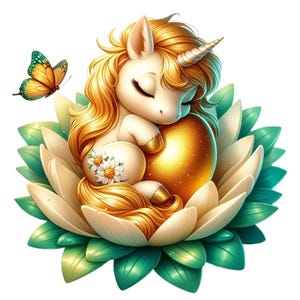 Puede incluir: Ilustración caprichosa de un unicornio durmiente en una flor de loto. El unicornio tiene pelo dorado y un cuerno en espiral. Una mariposa con alas naranjas y verdes revolotea cerca. La flor de loto tiene pétalos blancos y verdes, con un orbe dorado.